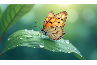 Butterfly on a dewdrop-kissed leaf Nature Realism