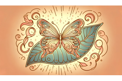 Butterfly on a glowing leaf Art Nouveau