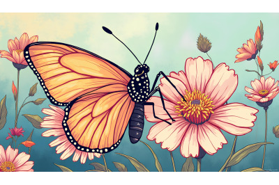 Butterfly on a vibrant flower Art Nouveau