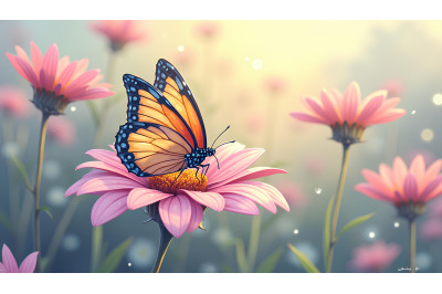 Butterfly on dew-kissed petals Tempera
