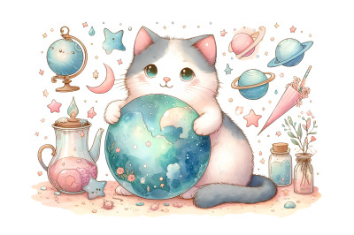 Cat Celestial Curiosity Watercolor