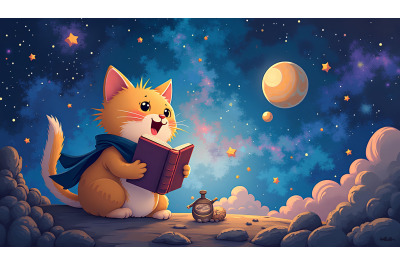 Cat Cosmic Book Adventure Oil Painting