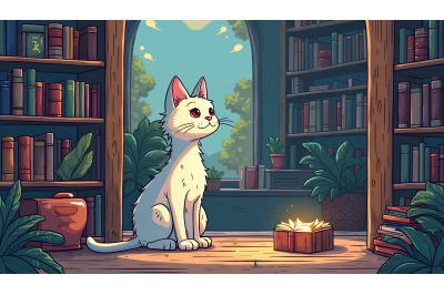 Cat Enchanted Library Surrealism