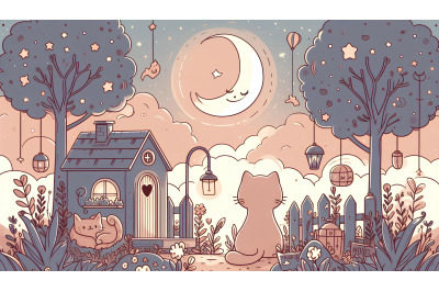 Cat Night Garden Silhouette