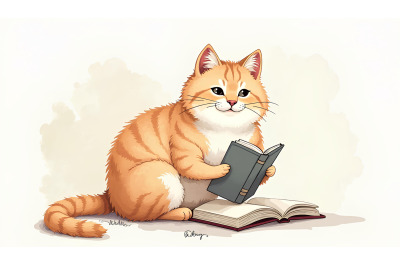 Cat Reading Book Watercolor