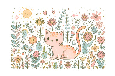 Cat Whimsical Garden Pastels