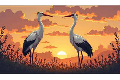 Cranes in a golden twilight Renaissance Style
