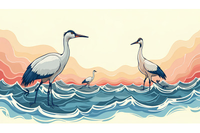 Cranes surrounded by abstract waves Flowing Abstraction