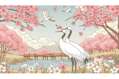 Cranes under cherry blossoms Digital Art