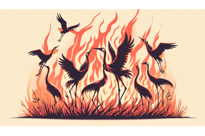 Cranes with fiery silhouettes Dramatic Silhouette Art
