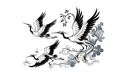 Cranes with fluid ink patterns Elegant Ink Wash