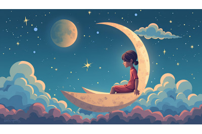 Cubist take on girl sitting on moon