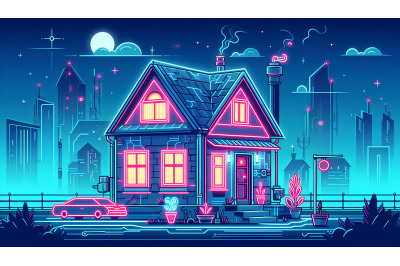 Cyberpunk neon glowing home at night