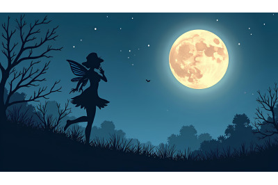 Dark fairy silhouette under full moon, acrylic