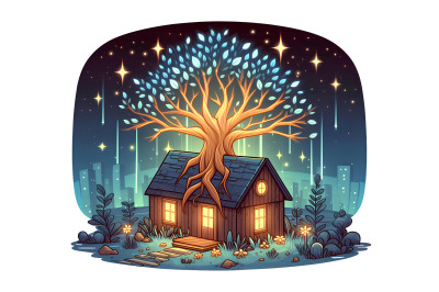 Digital art glowing tree and blue roof