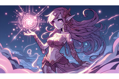 Digital fantasy girl in glowing sky
