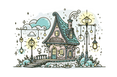 Doodle-style fantasy home and lights