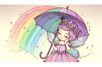 Dream fairy with umbrella and rainbow hues