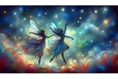 Dreamlike fairy dance in night sky, impressionism