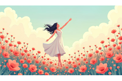 Dreamlike woman dancing in flower fields