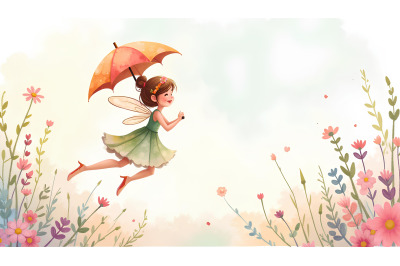 Dreamy watercolor fairy with floral umbrella