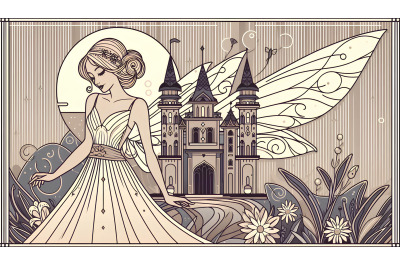 Elegant fairy with castle backdrop, Art Deco style