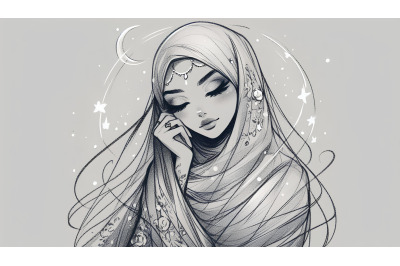Ethereal hijabi beauty, charcoal lines