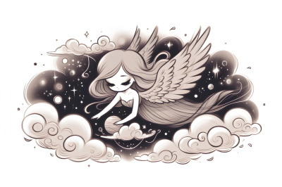 Ethereal winged maiden floating, charcoal art
