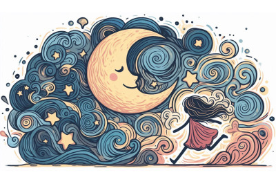 Expressionist swirling moon and girl