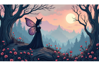Fairy queen in gothic landscape, ink drawing