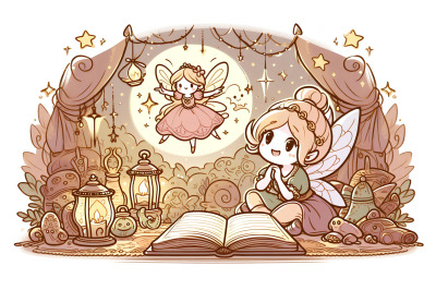 Fairy tale scene with a floating fairy, storybook