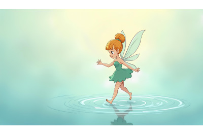 Fairy walking on water with soft ripples