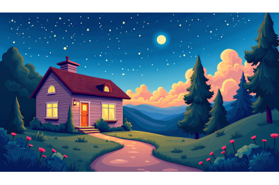 Fauvism bold color house and night sky