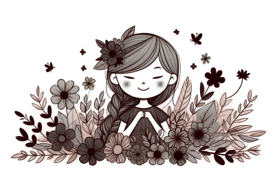 Floral girl in silhouette, charcoal sketch