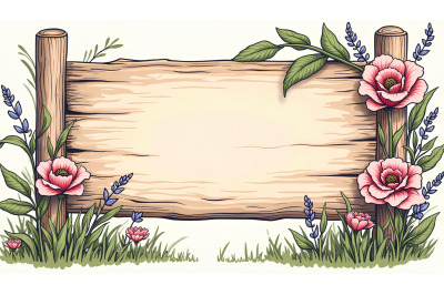 Floral-bordered wooden sign, ink sketch