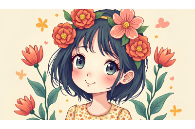 Flower-adorned girl, pop art charm