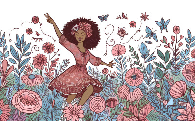 Free-spirited woman in a floral wonderland