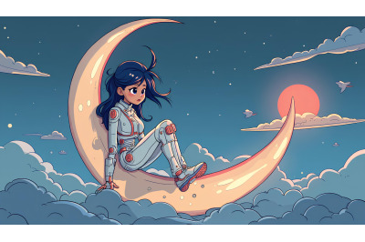 Futuristic sci-fi girl on crescent