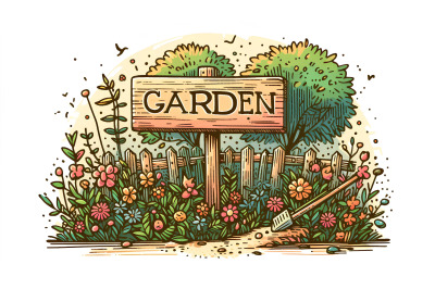Garden sign and foliage, impressionism