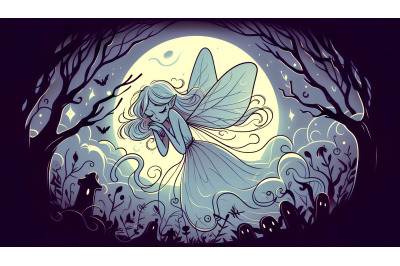 Ghostly fairy in moonlight, eerie enchantment