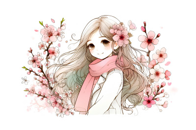 Girl in full bloom, delicate watercolor