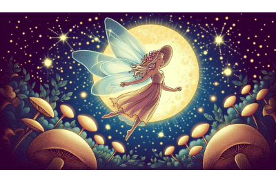 Glowing fairy floating under moon, pointillism