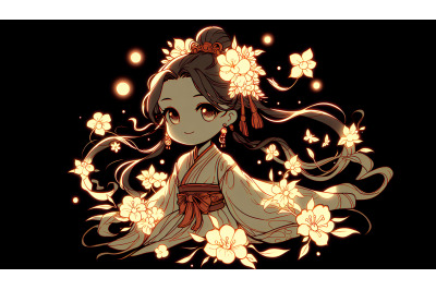 Glowing girl with blooms, chiaroscuro