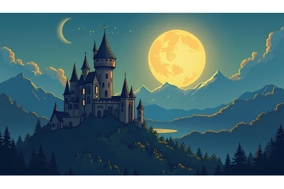 Gothic castle fairy under golden moon, medieval