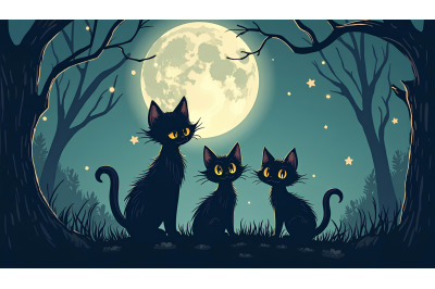 Gothic kittens in moonlit setting