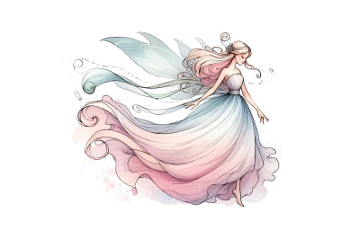 Graceful fairy with flowing watercolor dress