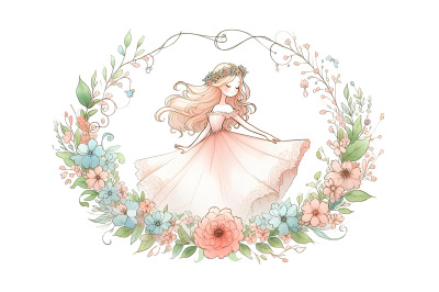 Graceful girl with floral frame, watercolor