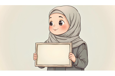 Hijabi girl holding sign, pointillism
