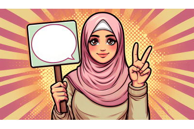 Hijabi holding sign, vibrant pop art