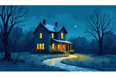 Impressionist brushstrokes night house